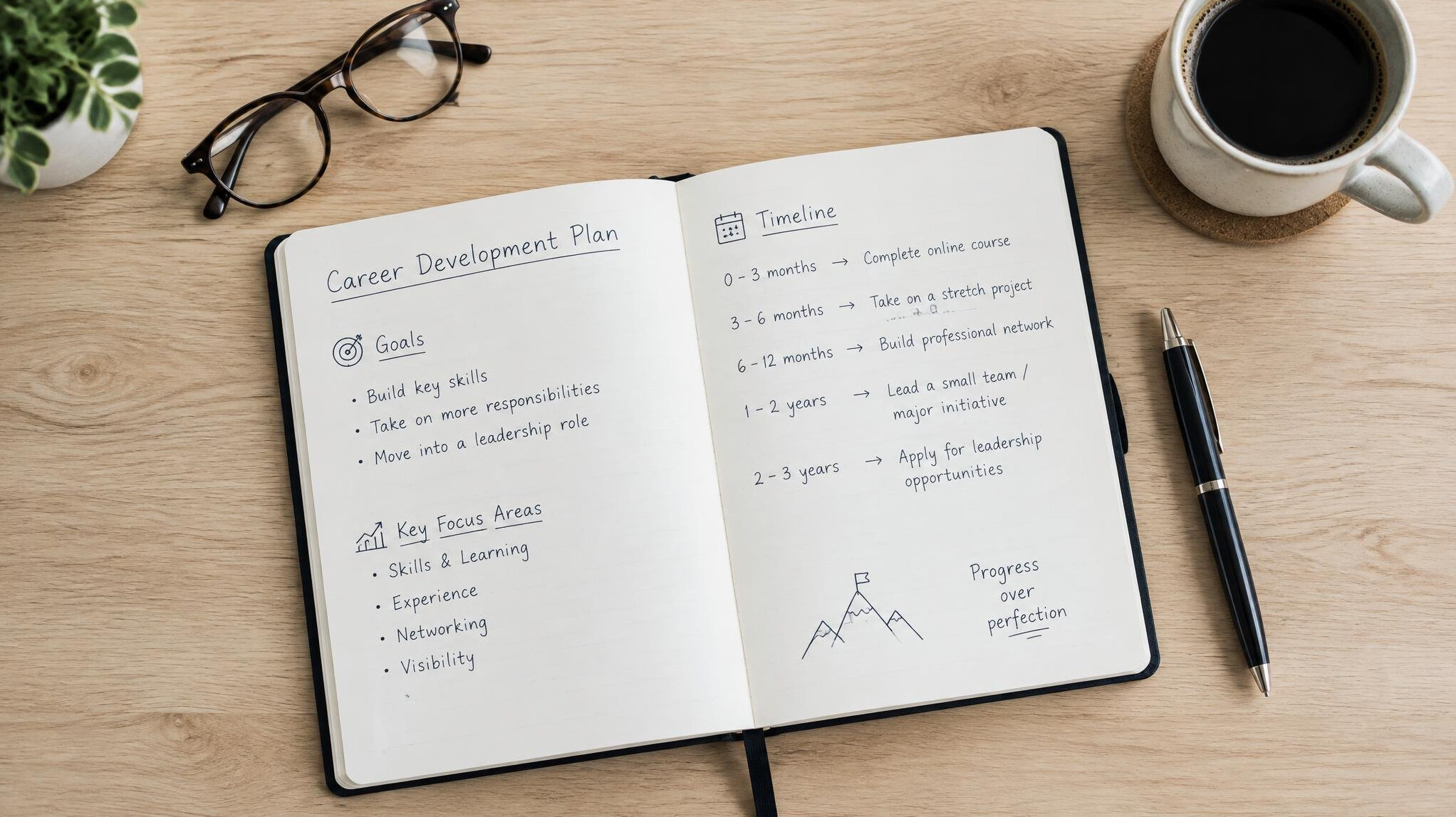 Open notebook with a handwritten career plan next to a pen and coffee on a wooden desk