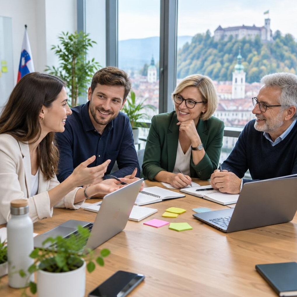 Group of professionals discussing around a table with notes and laptops